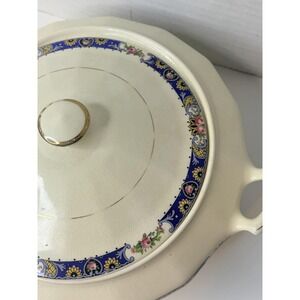 Edwin M Knowles Vintage Covered Casserole Dish Floral Blue Gold Trim Cottagecore